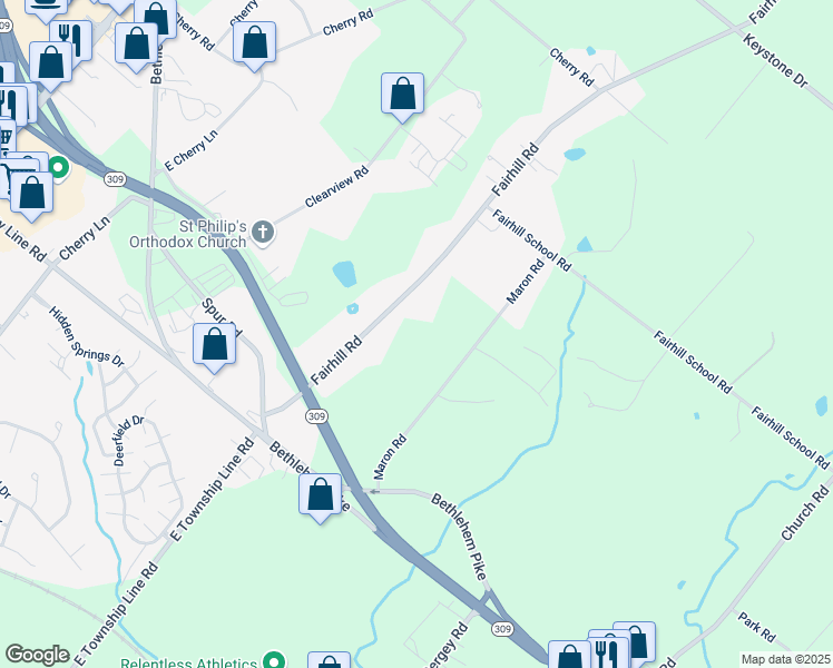 map of restaurants, bars, coffee shops, grocery stores, and more near 200 Fairhill Road in Hatfield