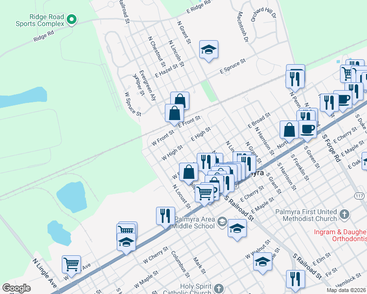 map of restaurants, bars, coffee shops, grocery stores, and more near 303 North Railroad Street in Palmyra