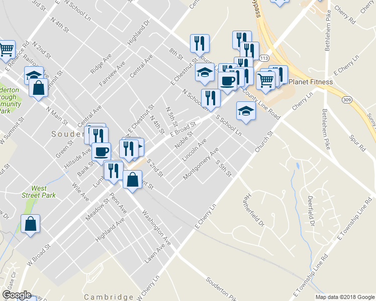 map of restaurants, bars, coffee shops, grocery stores, and more near 423 Lincoln Avenue in Souderton