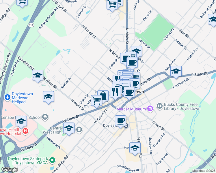 map of restaurants, bars, coffee shops, grocery stores, and more near 85 N Hamilton St in Doylestown