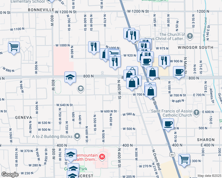map of restaurants, bars, coffee shops, grocery stores, and more near 724 North 450 West in Orem