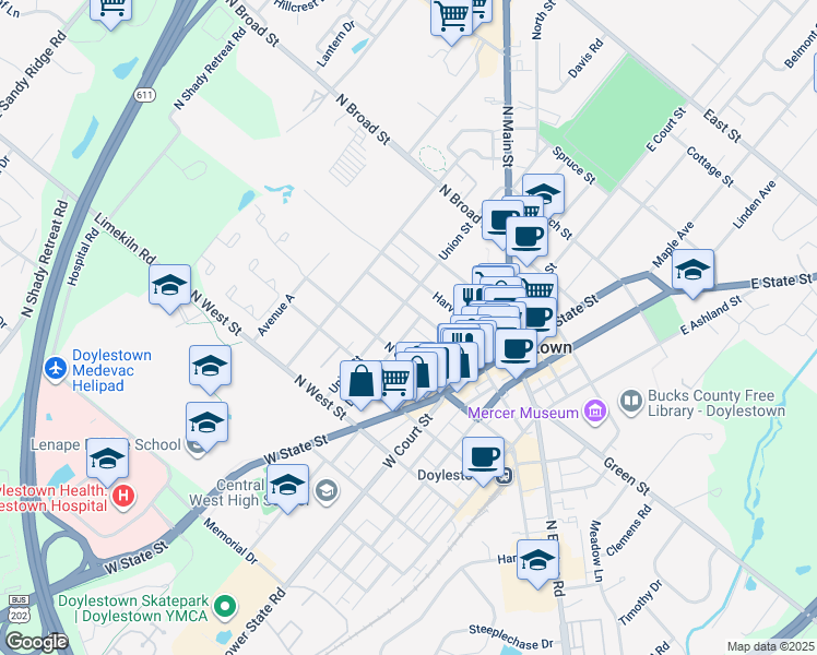 map of restaurants, bars, coffee shops, grocery stores, and more near 85 Decatur Street in Doylestown