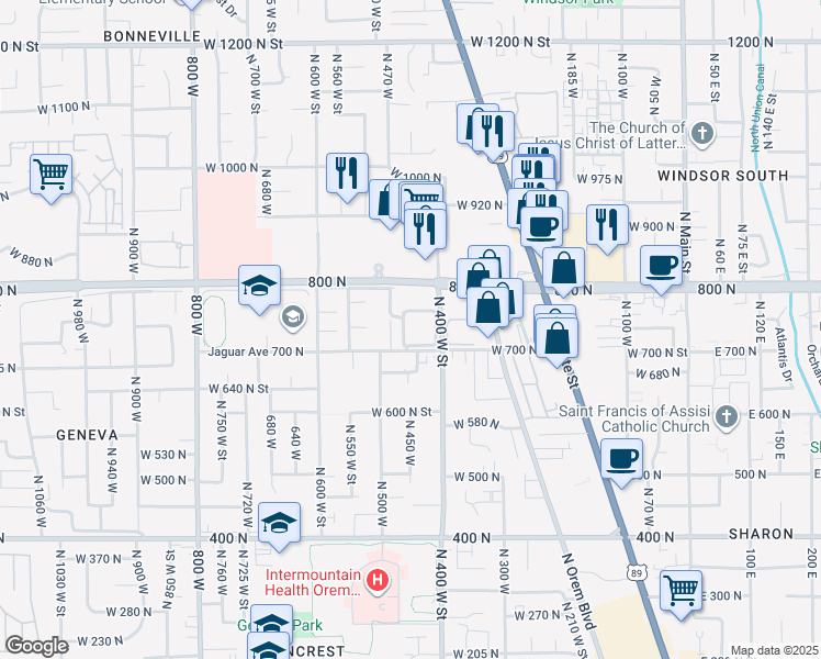 map of restaurants, bars, coffee shops, grocery stores, and more near 429 West 750 North Street in Orem
