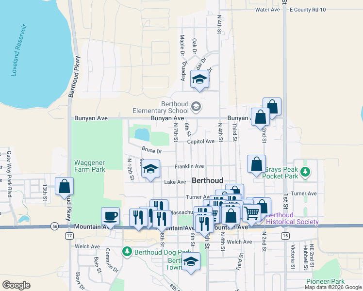 map of restaurants, bars, coffee shops, grocery stores, and more near 645 Capitol Avenue in Berthoud