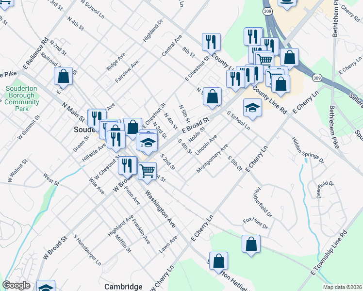 map of restaurants, bars, coffee shops, grocery stores, and more near 412 Noble Street in Souderton