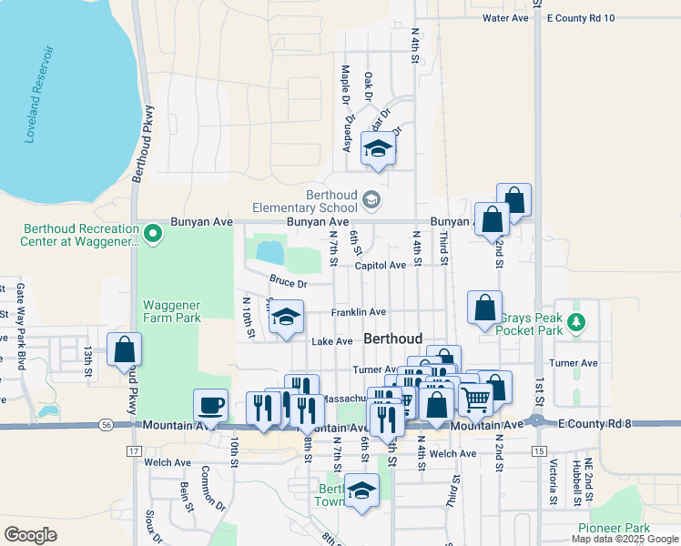 map of restaurants, bars, coffee shops, grocery stores, and more near 1005 North 7th Street in Berthoud