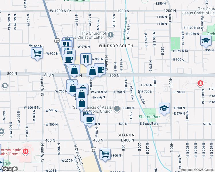 map of restaurants, bars, coffee shops, grocery stores, and more near 24 West 750 North Street in Orem