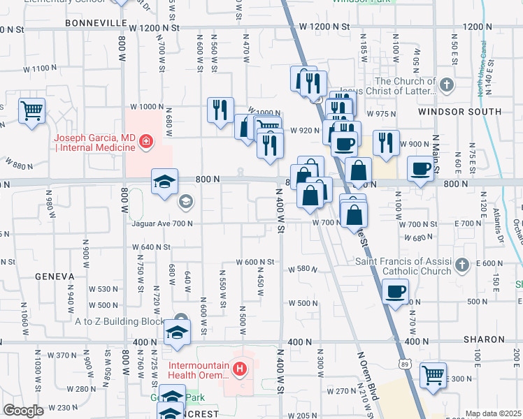 map of restaurants, bars, coffee shops, grocery stores, and more near 429 West 750 North Street in Orem