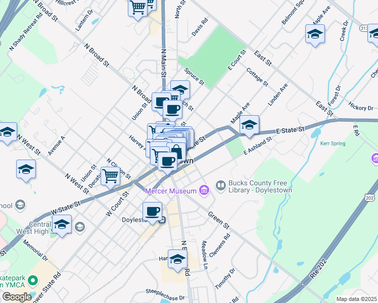 map of restaurants, bars, coffee shops, grocery stores, and more near 7 North Pine Street in Doylestown