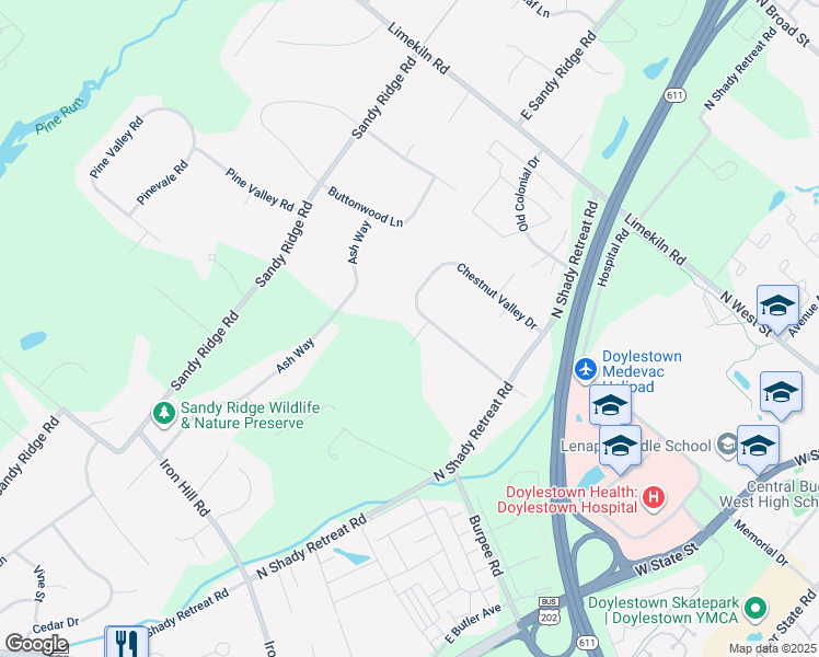 map of restaurants, bars, coffee shops, grocery stores, and more near 101 Chestnut Valley Drive in Doylestown