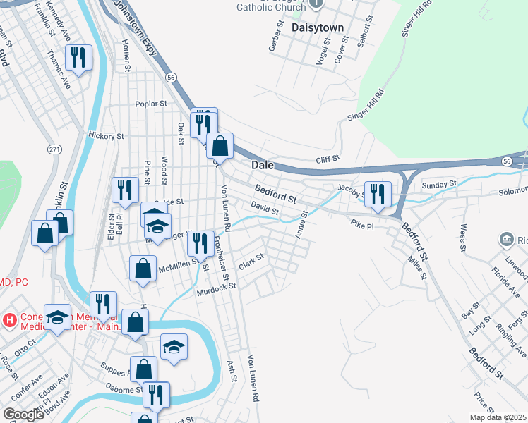 map of restaurants, bars, coffee shops, grocery stores, and more near 229 David Street in Johnstown