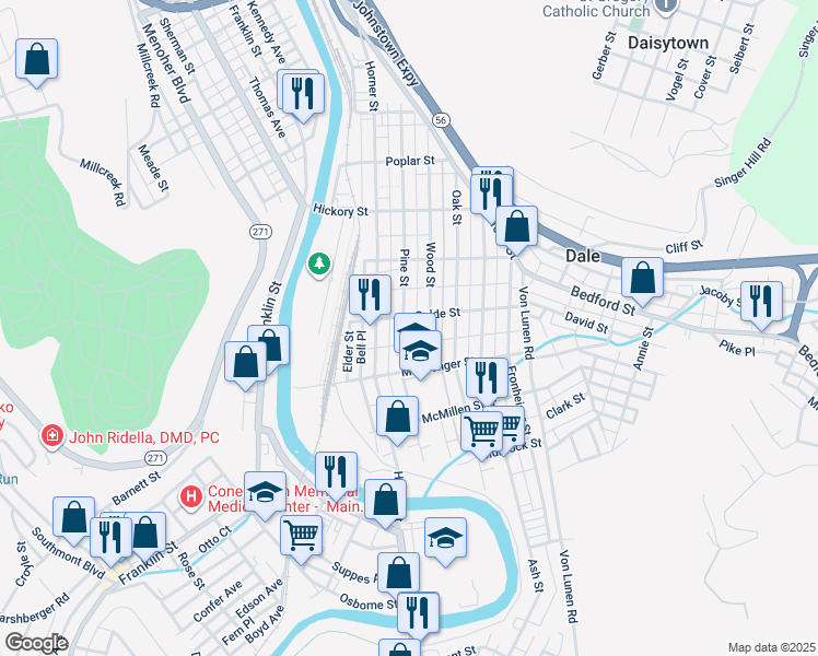 map of restaurants, bars, coffee shops, grocery stores, and more near 250-298 Golde Street in Johnstown