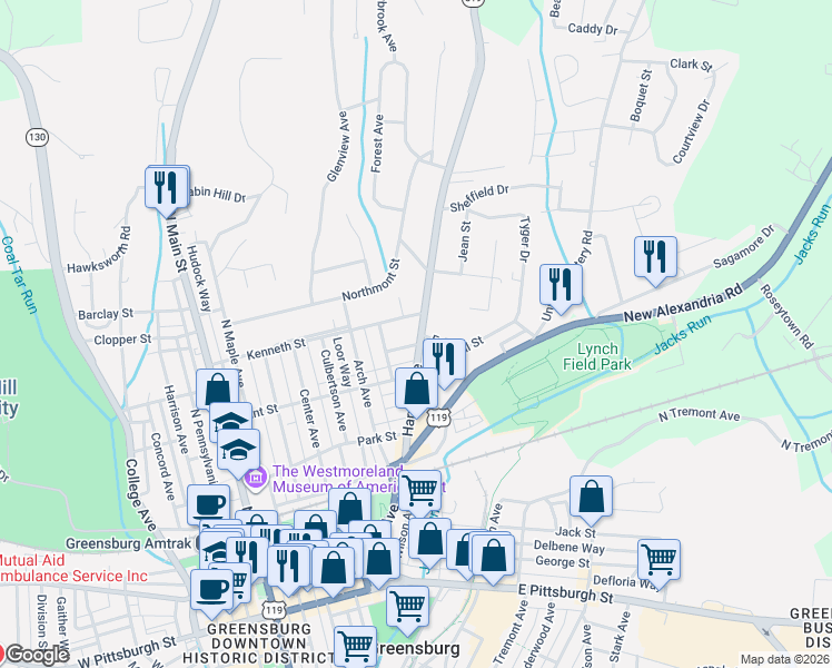 map of restaurants, bars, coffee shops, grocery stores, and more near 322 Kenneth Street in Greensburg