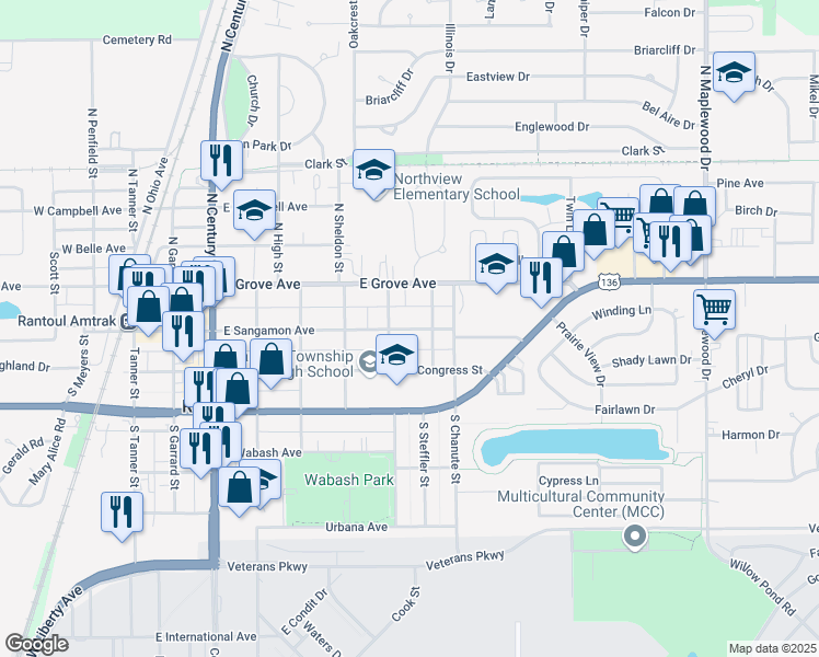 map of restaurants, bars, coffee shops, grocery stores, and more near 731 East Sangamon Avenue in Rantoul