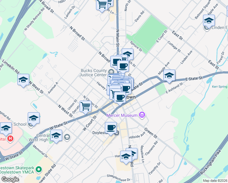 map of restaurants, bars, coffee shops, grocery stores, and more near 8 East Court Street in Doylestown