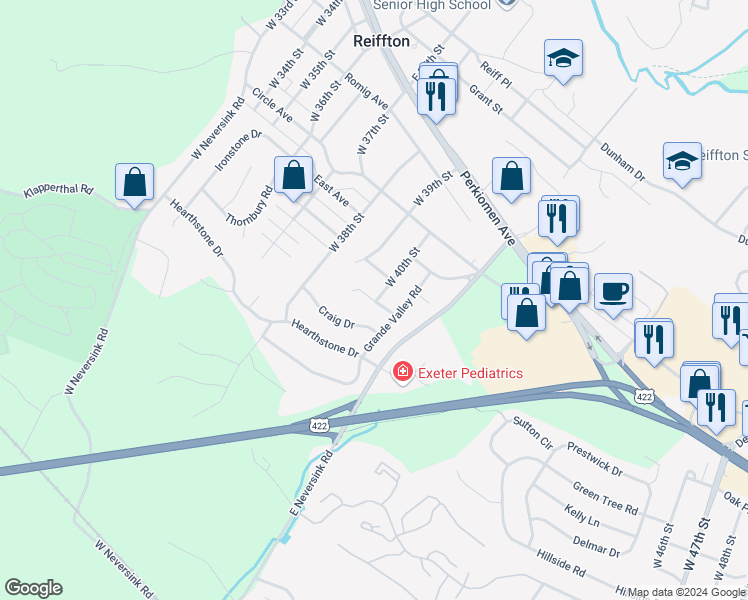 map of restaurants, bars, coffee shops, grocery stores, and more near Alpine Court in Reading
