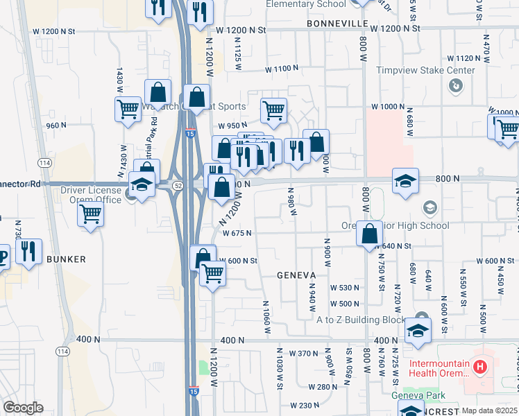 map of restaurants, bars, coffee shops, grocery stores, and more near 734 North 1060 West in Orem