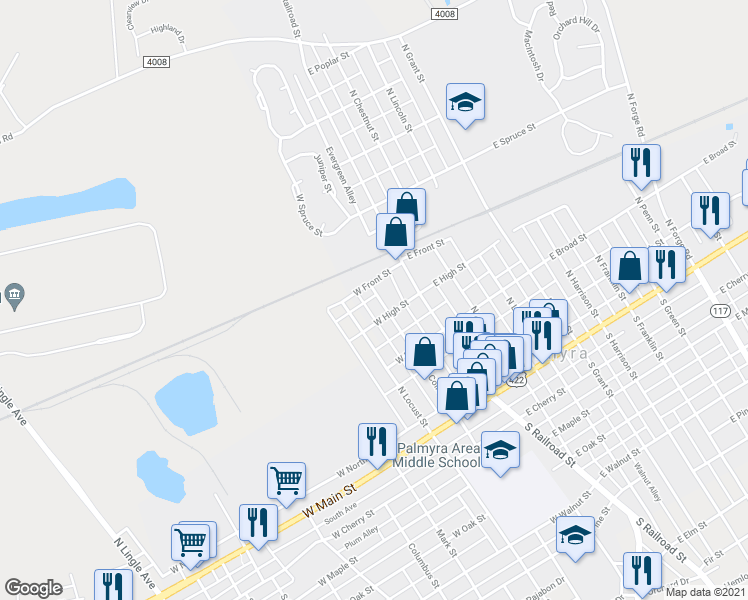map of restaurants, bars, coffee shops, grocery stores, and more near 320E North College Street in Palmyra
