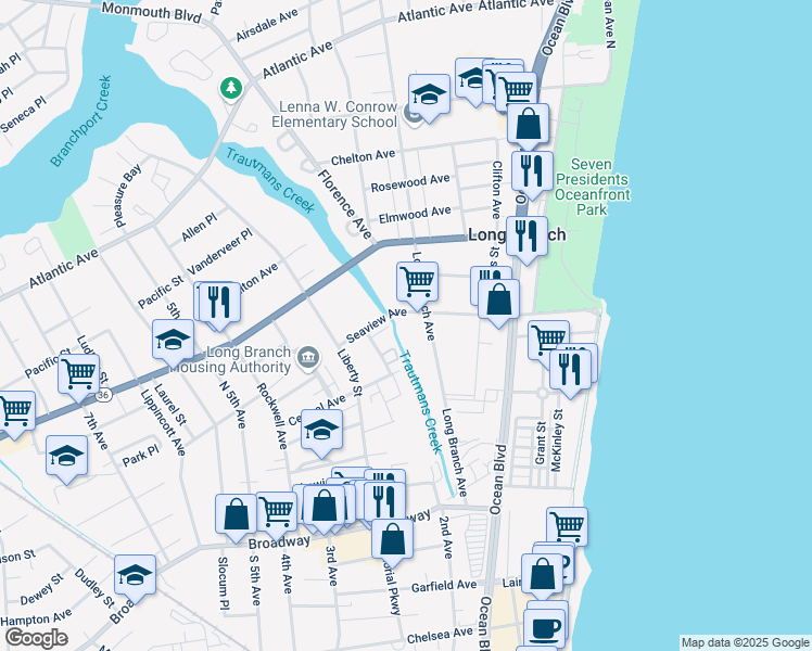 map of restaurants, bars, coffee shops, grocery stores, and more near 218 Seaview Avenue in Long Branch