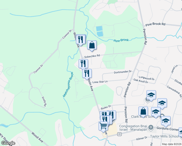 map of restaurants, bars, coffee shops, grocery stores, and more near 70 Wilson Avenue in Manalapan Township