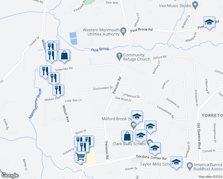 map of restaurants, bars, coffee shops, grocery stores, and more near 87 Lone Star Lane in Manalapan Township