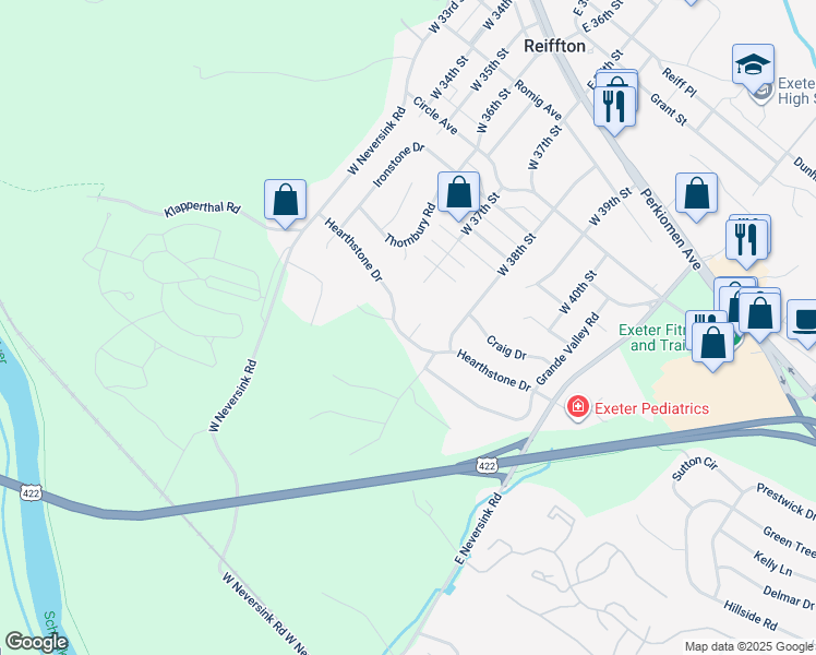 map of restaurants, bars, coffee shops, grocery stores, and more near 6 Executive Circle in Reading