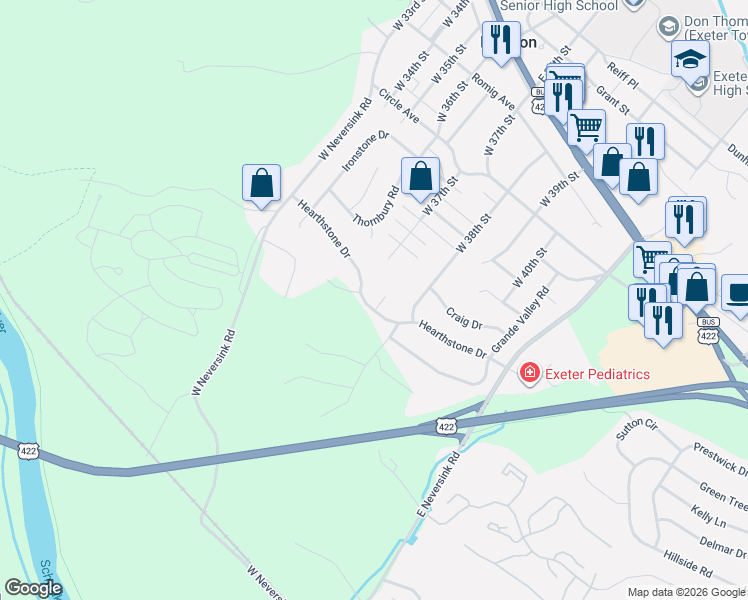 map of restaurants, bars, coffee shops, grocery stores, and more near 37 Hearthstone Drive in Reading