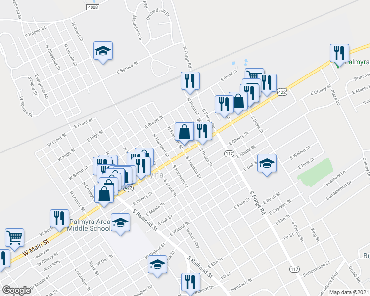 map of restaurants, bars, coffee shops, grocery stores, and more near 501 East Main Street in Palmyra