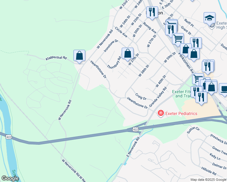 map of restaurants, bars, coffee shops, grocery stores, and more near 6 Executive Circle in Reading