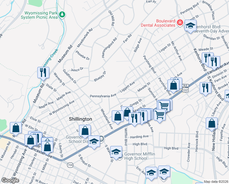 map of restaurants, bars, coffee shops, grocery stores, and more near 1823 Liggett Avenue in Reading