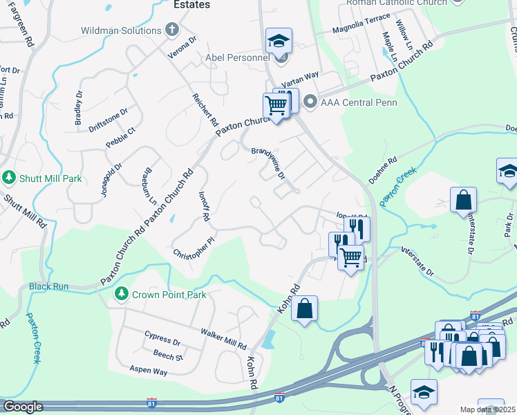 map of restaurants, bars, coffee shops, grocery stores, and more near Buxton Court in Harrisburg