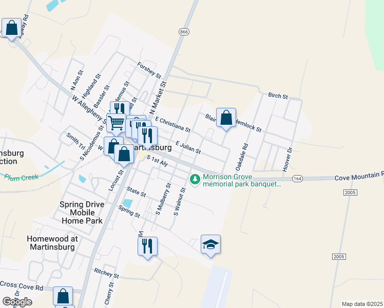 map of restaurants, bars, coffee shops, grocery stores, and more near 302 East Julian Street in Martinsburg