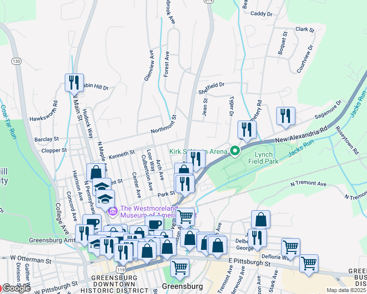 map of restaurants, bars, coffee shops, grocery stores, and more near 322 Kenneth Street in Greensburg