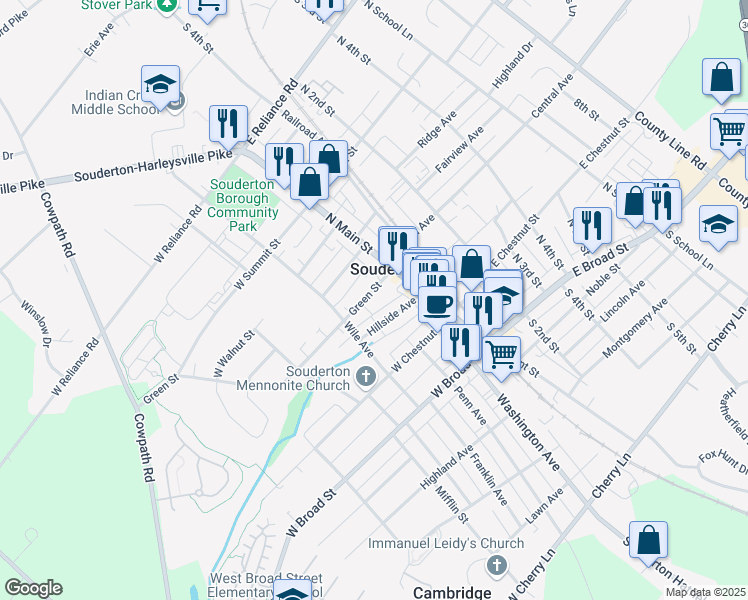 map of restaurants, bars, coffee shops, grocery stores, and more near 24 Green Street in Souderton