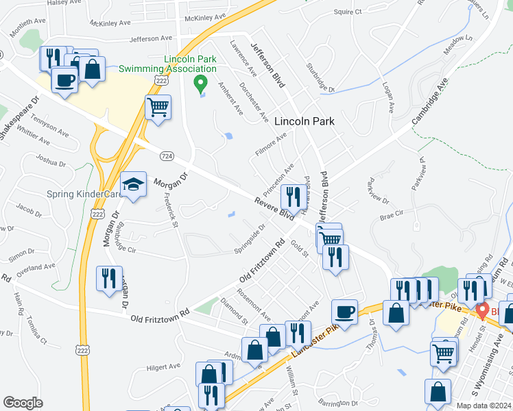 map of restaurants, bars, coffee shops, grocery stores, and more near 300 Revere Blvd in Reading