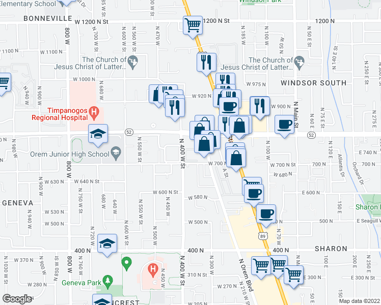 map of restaurants, bars, coffee shops, grocery stores, and more near 377 West 750 North Street in Orem