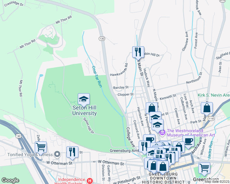 map of restaurants, bars, coffee shops, grocery stores, and more near 222 Barclay Street in Greensburg