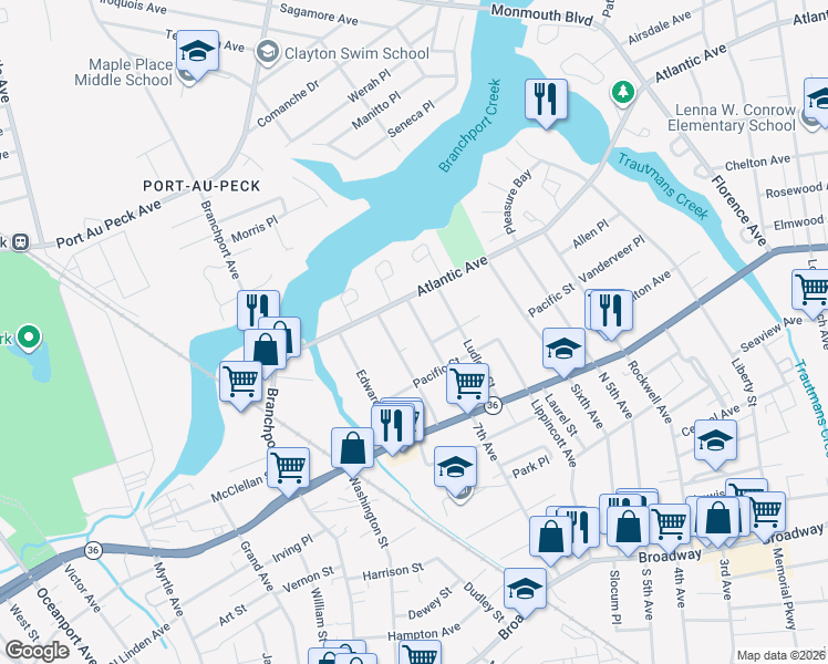 map of restaurants, bars, coffee shops, grocery stores, and more near 250 7th Avenue in Long Branch