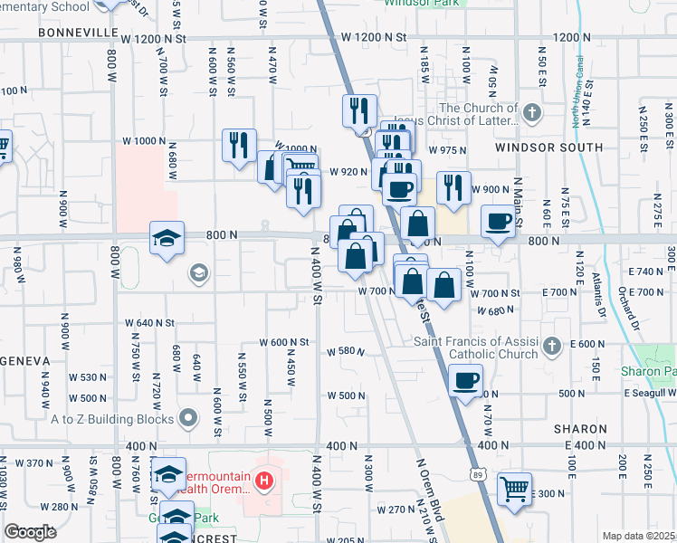 map of restaurants, bars, coffee shops, grocery stores, and more near 369 West 750 North Street in Orem