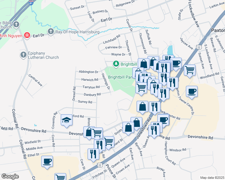 map of restaurants, bars, coffee shops, grocery stores, and more near 610 Hastings Drive in Harrisburg