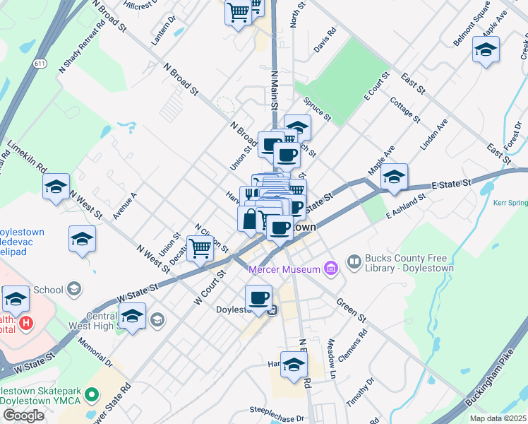 map of restaurants, bars, coffee shops, grocery stores, and more near 63 Harvey Avenue in Doylestown