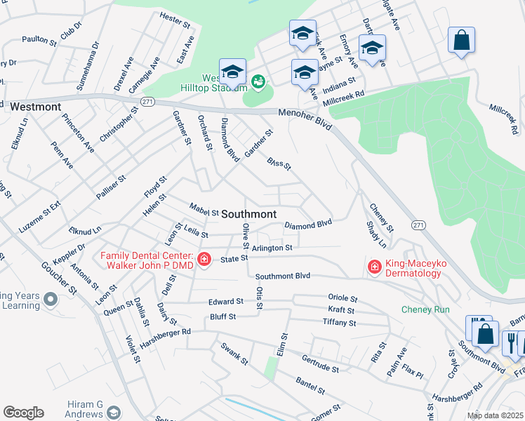 map of restaurants, bars, coffee shops, grocery stores, and more near 304-308 Orchard Street in Johnstown