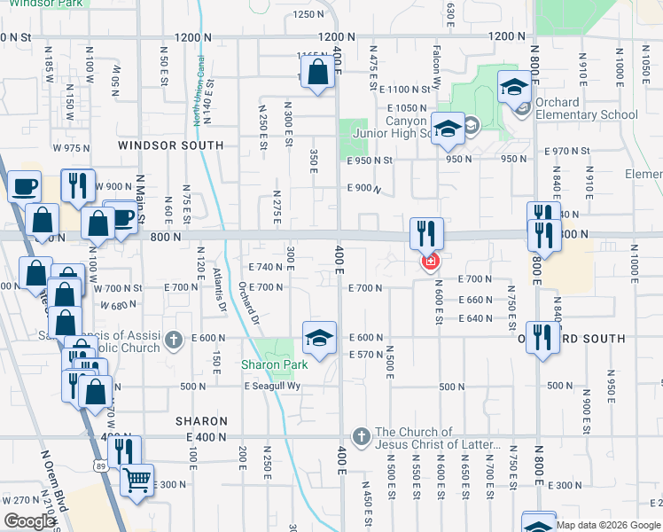 map of restaurants, bars, coffee shops, grocery stores, and more near 367 760 North in Orem