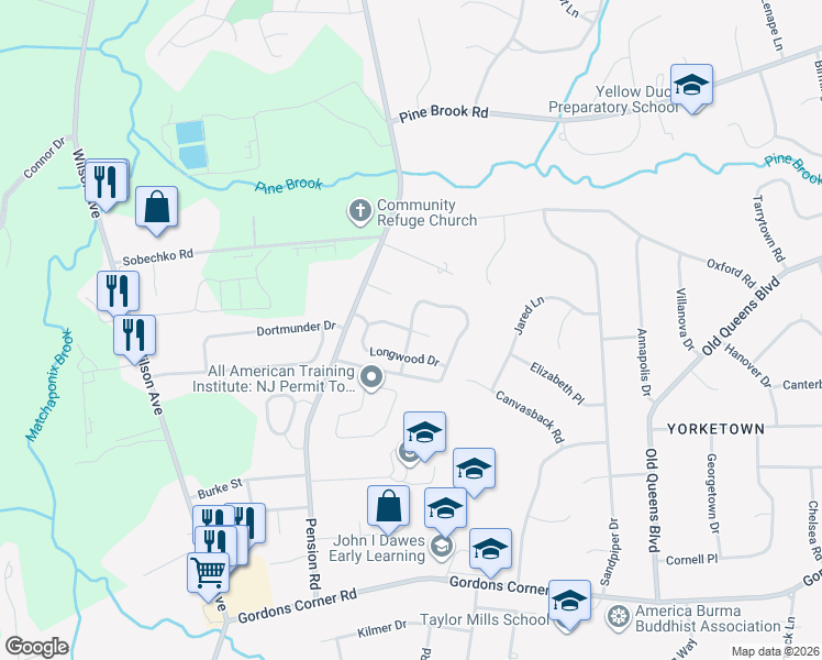 map of restaurants, bars, coffee shops, grocery stores, and more near 303 Longwood Drive in Manalapan Township