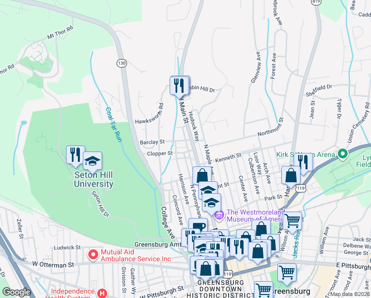 map of restaurants, bars, coffee shops, grocery stores, and more near 12 Barclay Street in Greensburg