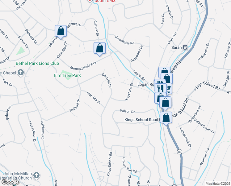 map of restaurants, bars, coffee shops, grocery stores, and more near 5702 Glen Hill Drive in Bethel Park
