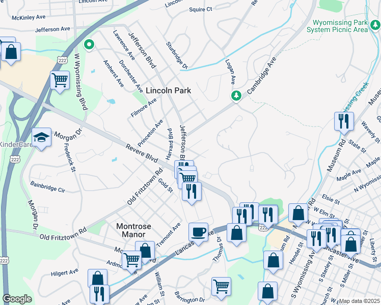 map of restaurants, bars, coffee shops, grocery stores, and more near 12 Amherst Avenue in Reading