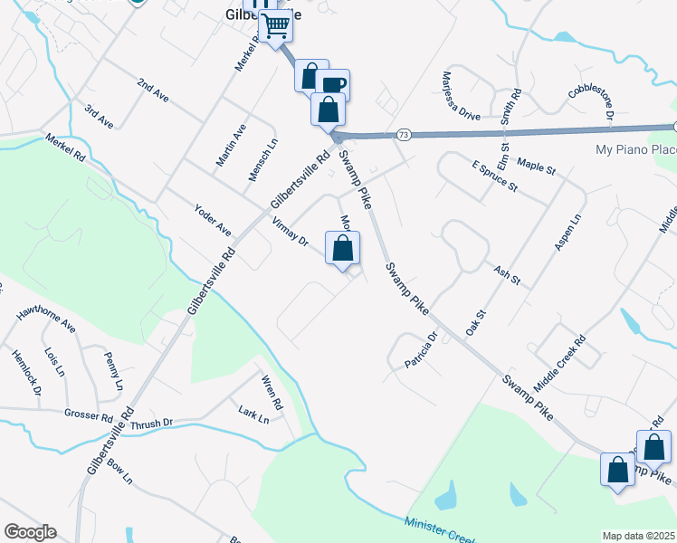 map of restaurants, bars, coffee shops, grocery stores, and more near 1614 Virmay Drive in Gilbertsville
