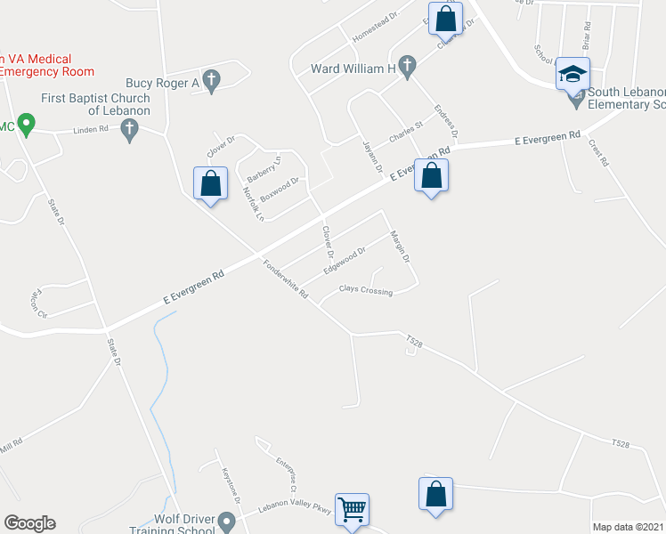 map of restaurants, bars, coffee shops, grocery stores, and more near Edgewood Drive in Lebanon