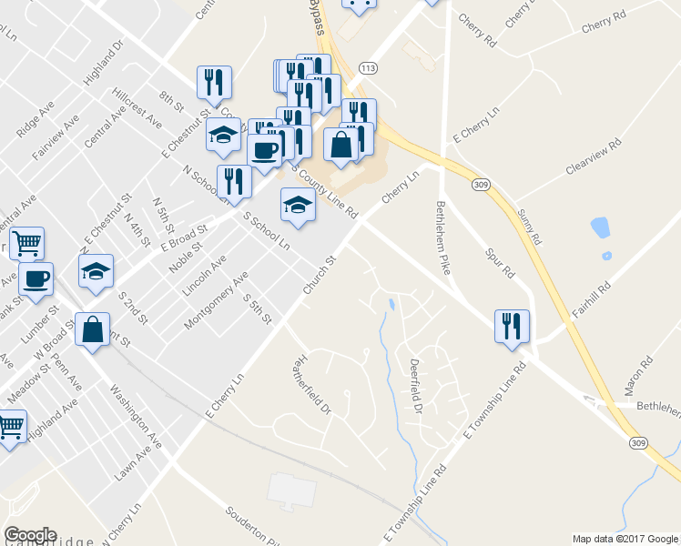 map of restaurants, bars, coffee shops, grocery stores, and more near 30 East Cherry Lane in Souderton